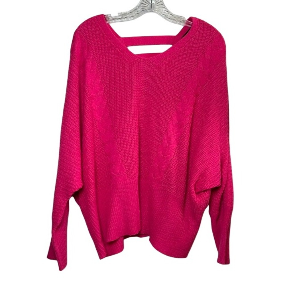 FCT With Love Women's Bright Pink Chunky V-Neck Cable Knit Sweater 3X